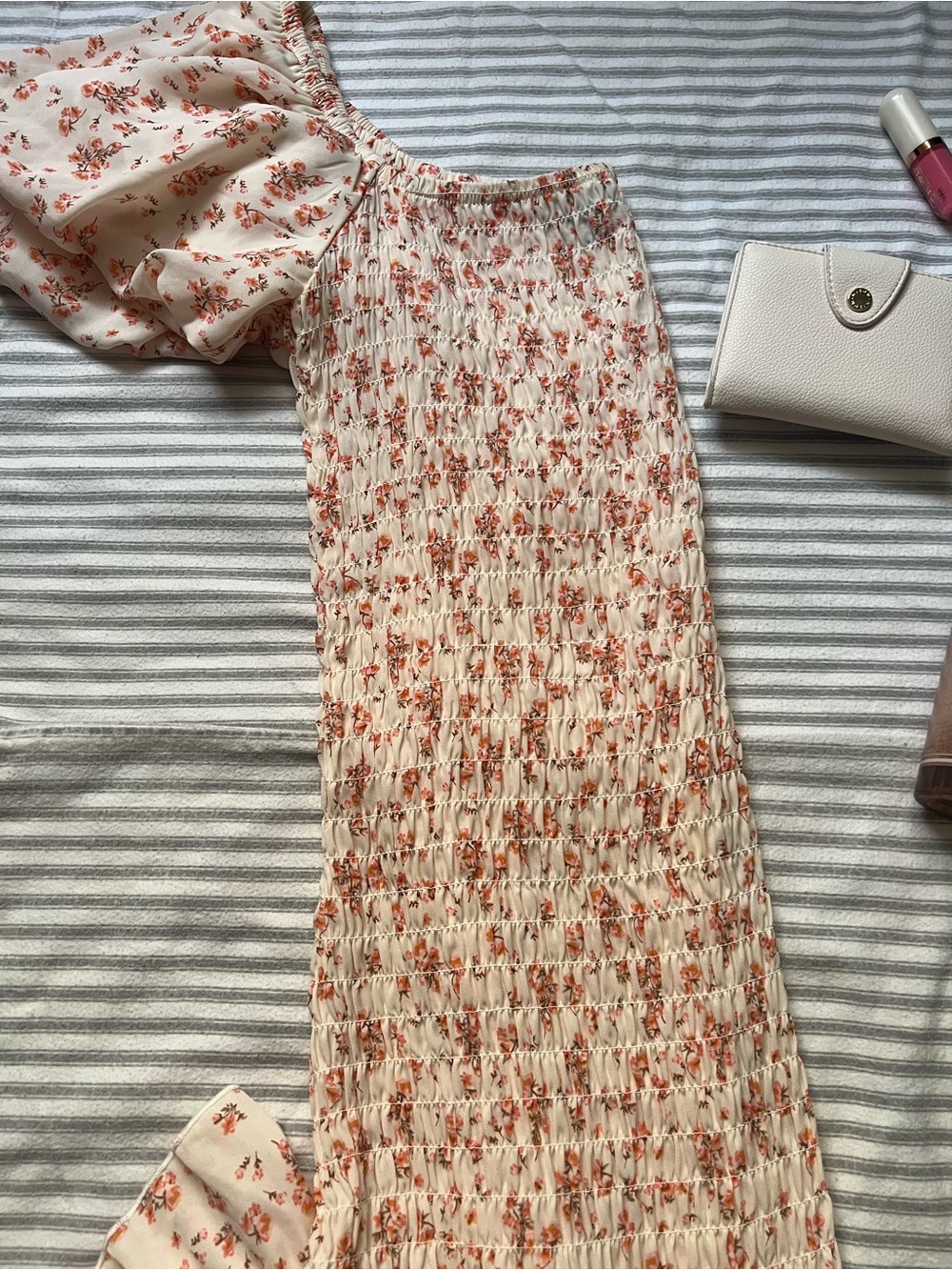 Floral Smocked long dress - Cream with Orange Floral